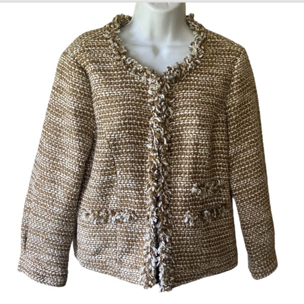 CAbi Tweed Phoebe Blazer Jacket Plaid Gold Boucle Fringe Trim 3/4 Sleeve